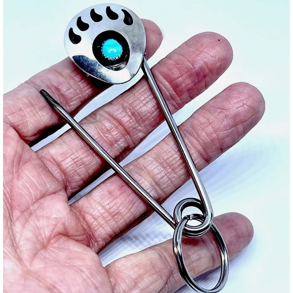 Giant Safety Pin Keyring Navajo Bear Paw Print Turquoise Keychain 4in Mens Gift
